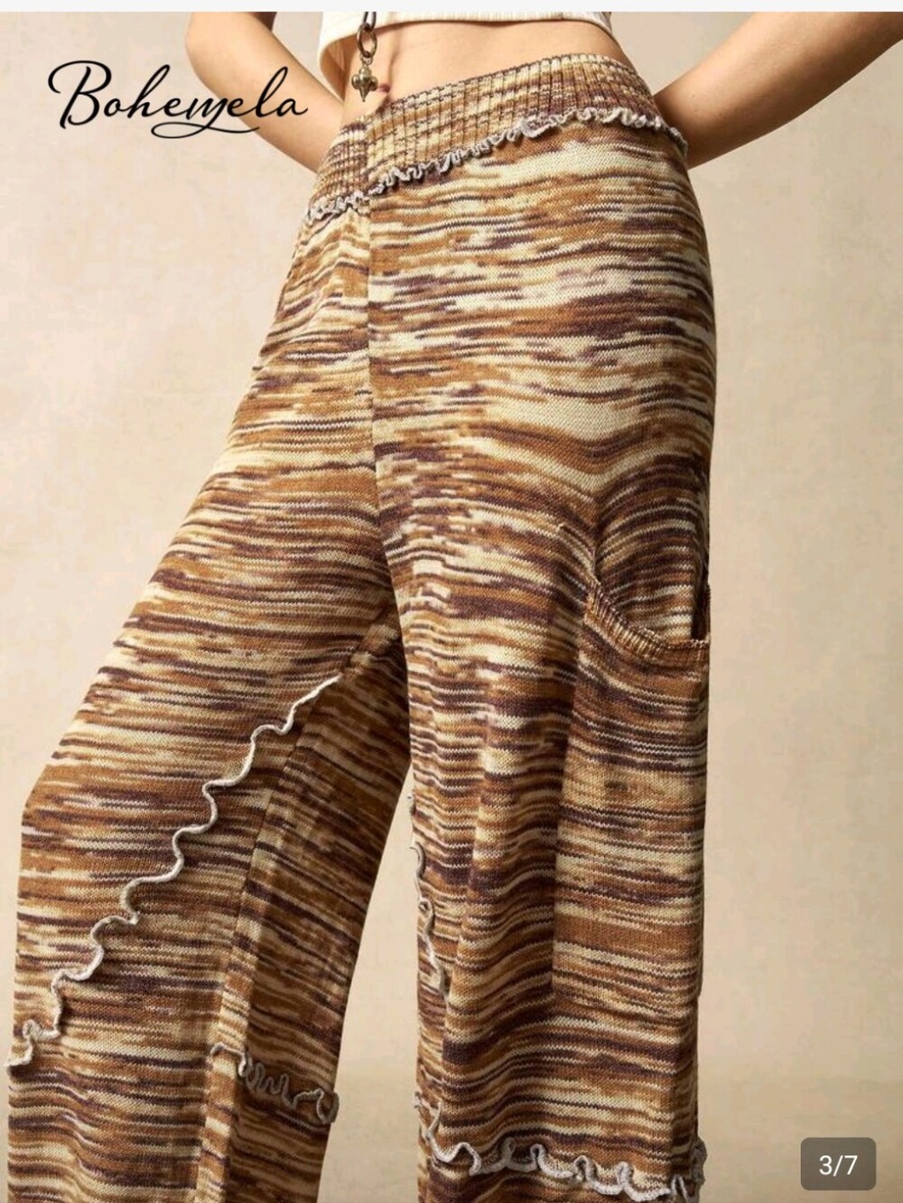 NWOT Ribbed Wide-Leg Knit Pants in Brown Stripe